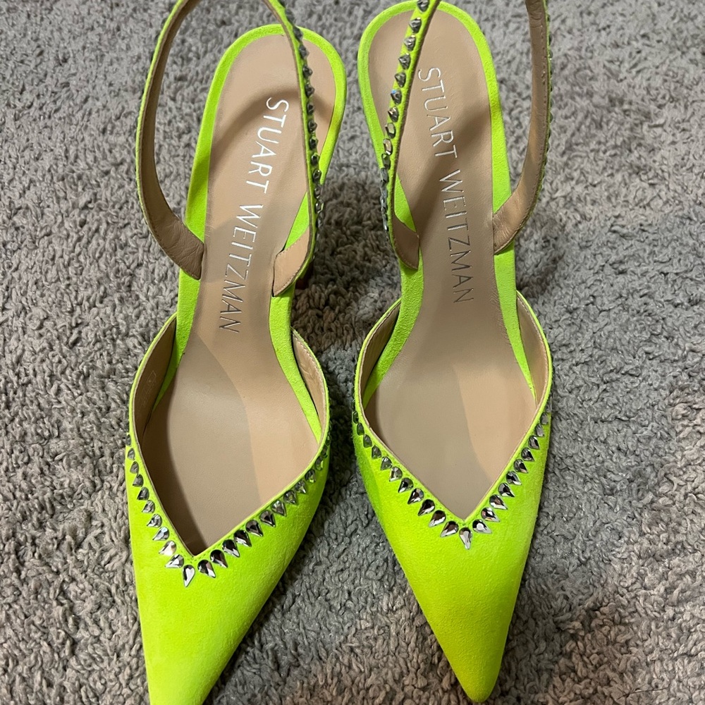 Stuart Weitzman Gemcut CurveX Green Embellished Heels